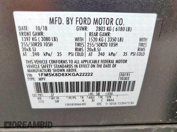 2019 Ford Explorer XLT z VIN 1FM5K8D8XKGA22222, wystawiony jako Copart lot #63078265 z przebiegiem 40 244 mil mil oraz Szkoda całkowita • Salvage title. Historia ofert i sprzedaży dostępna na DreamBid. Obrazek 13.