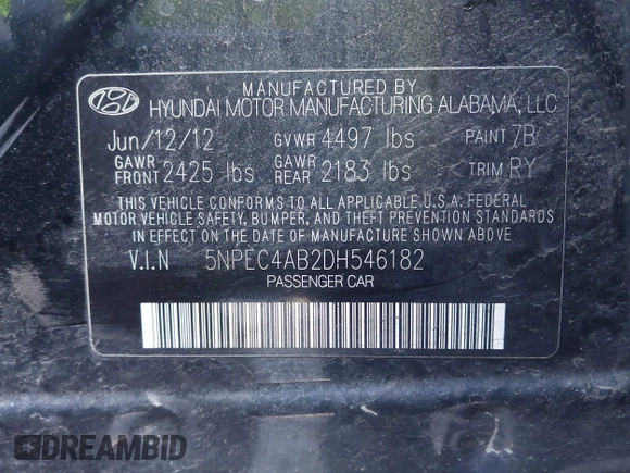 2013 Hyundai Sonata Limited with VIN 5NPEC4AB2DH546182, listed as a IAAI auction lot 41982509 with 113,187 mi miles and . Bid and sale history available at carsss.com. Image 9.