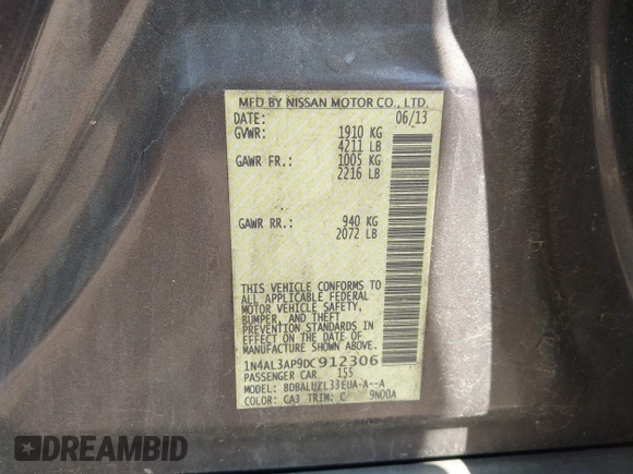 2013 Nissan Altima SV with VIN 1N4AL3AP9DC912306, listed as a IAAI auction lot 42547455 with 184,854 mi miles and . Bid and sale history available at DreamBid. Image 9.