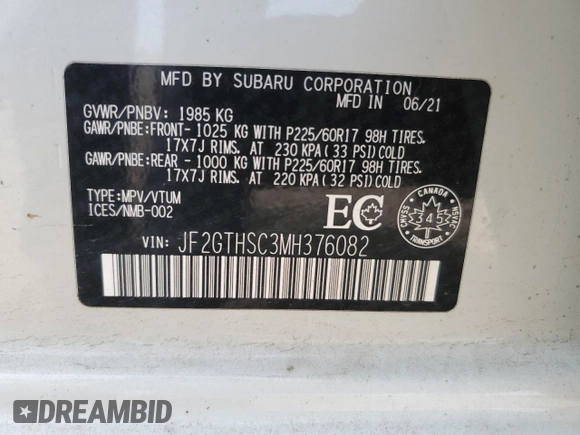 2021 Subaru Crosstrek Special Sports with VIN JF2GTHSC3MH376082, listed as a Copart auction lot 61033855 with 32,826 mi miles and Salvage title. Bid and sale history available at DreamBid. Image 14.