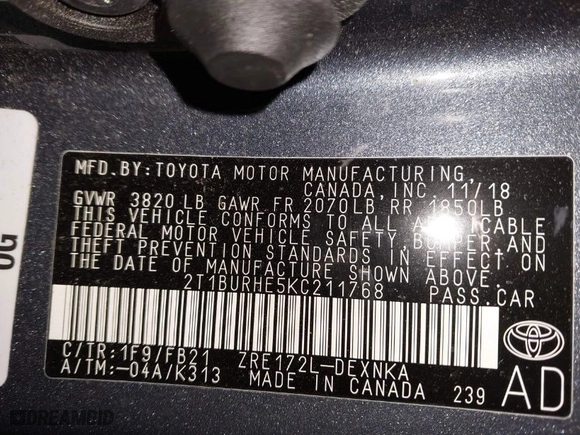 2019 Toyota Corolla L with VIN 2T1BURHE5KC211768, listed as a IAAI auction lot 42071995 with 1 mi miles. Bid and sale history available at carsss.com. Image 9.