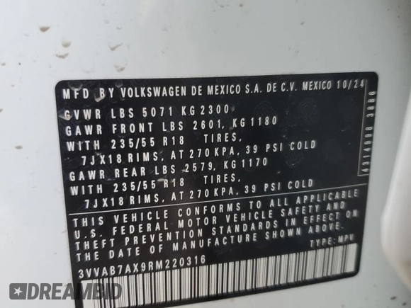 2024 Volkswagen Tiguan Wolfsburg Edition z VIN 3VVAB7AX9RM220316, wystawiony jako Copart lot #49146475 z przebiegiem Nie podano mil oraz Szkoda całkowita • Salvage title. Historia ofert i sprzedaży dostępna na DreamBid. Obrazek 14.