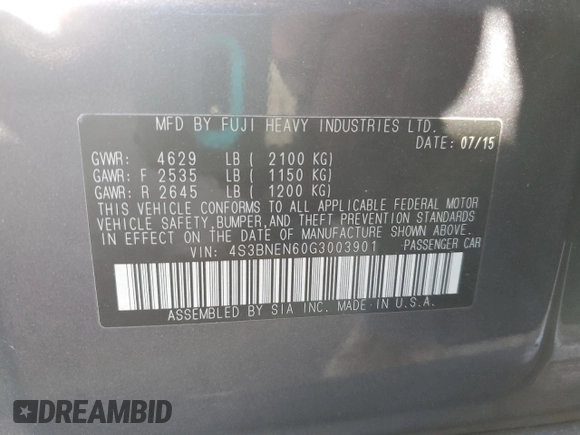 2016 Subaru Legacy 3.6R Limited with VIN 4S3BNEN60G3003901, listed as a Copart auction lot 89342045 with 54,754 mi miles and Salvage Title. Bid and sale history available at carsss.com. Image 12.