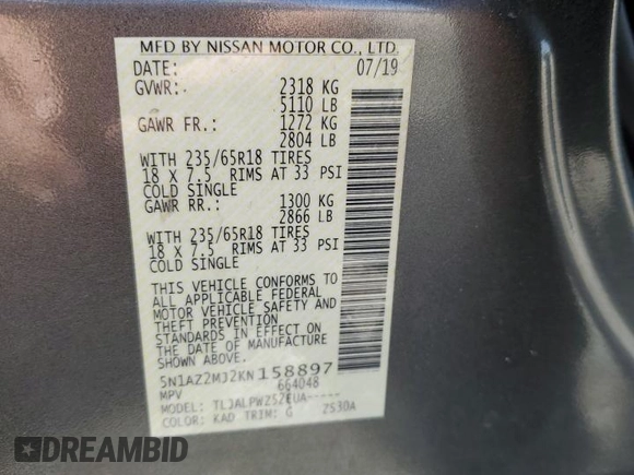 2019 Nissan Murano S with VIN 5N1AZ2MJ2KN158897, listed as a Copart auction lot 47971165 with 64,858 mi miles and Salvage Title. Bid and sale history available at DreamBid. Image 16.