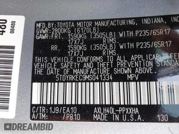 2021 Toyota Sienna XLE with VIN 5TDYRKEC9MS041334, listed as a IAAI auction lot 42145698 with 117,229 mi miles and . Bid and sale history available at DreamBid. Image 9.