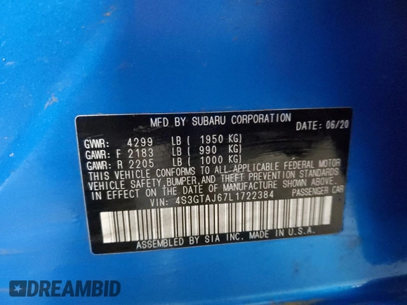 2020 Subaru Impreza Special Sports with VIN 4S3GTAJ67L1722384, listed as a Copart auction lot 82853834 with 82,206 mi miles and Salvage title. Bid and sale history available at DreamBid. Image 14.