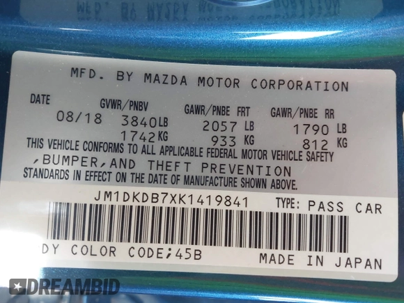 2019 Mazda CX-3 Sport with VIN JM1DKDB7XK1419841, listed as a IAAI auction lot 41699781 with 46,716 mi miles. Bid and sale history available at carsss.com. Image 9.