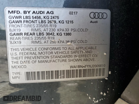 2018 Audi Q5 Premium Plus with VIN WA1BNAFYXJ2005610, listed as a Copart auction lot 58740605 with 138,328 mi miles and Salvage title. Bid and sale history available at DreamBid. Image 14.