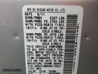 2011 Nissan Murano SV with VIN JN8AZ1MWXBW179621, listed as a Copart auction lot 51693005 with 60,782 mi miles and Salvage Title. Bid and sale history available at carsss.com. Image 13.