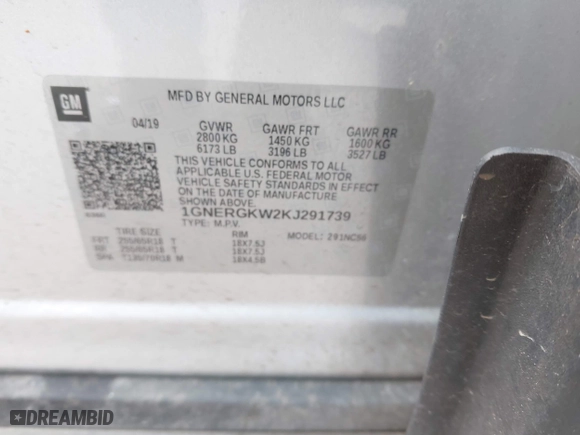 2019 Chevrolet Traverse LT Cloth with VIN 1GNERGKW2KJ291739, listed as a IAAI auction lot 41606802 with 114,608 mi miles. Bid and sale history available at carsss.com. Image 9.