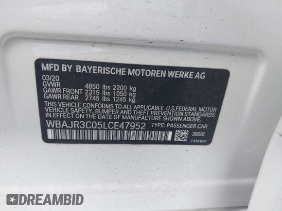 2020 BMW 5 Series 530i with VIN WBAJR3C05LCE47952, listed as a IAAI auction lot 41197056 with 48,315 mi miles and . Bid and sale history available at DreamBid. Image 9.