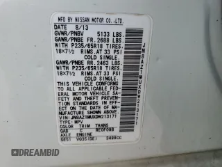 2013 Nissan Murano SV z VIN JN8AZ1MUXDW213171, wystawiony jako Copart lot #56042265 z przebiegiem 118 278 mil mil oraz Szkoda całkowita • Salvage title. Historia ofert i sprzedaży dostępna na DreamBid. Obrazek 13.