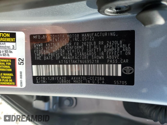 2022 Toyota Camry SE z VIN 4T1G11AK7NU695218, wystawiony jako Copart lot #50276535 z przebiegiem 64 539 mil mil oraz Czysty tytuł • Clean title. Historia ofert i sprzedaży dostępna na DreamBid. Obrazek 12.