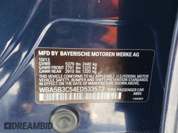 2014 BMW 5 Series 535i xDrive with VIN WBA5B3C54ED533572, listed as a Copart auction lot 89308205 with 130,486 mi miles and Salvage Title. Bid and sale history available at carsss.com. Image 14.