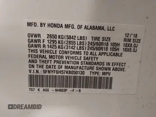 2019 Honda Pilot EX-L with VIN 5FNYF6H57KB050130, listed as a IAAI auction lot 42052495 with Not Provided miles and . Bid and sale history available at carsss.com. Image 9.
