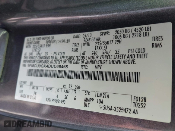2013 Ford Escape SE with VIN 1FMCU0GX4DUD68468, listed as a IAAI auction lot 42715806 with 95,236 mi miles and . Bid and sale history available at DreamBid. Image 9.