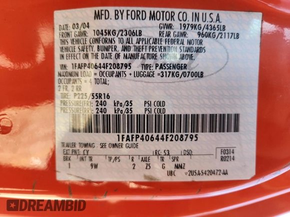 2004 Ford Mustang Standard with VIN 1FAFP40644F208795, listed as a Copart auction lot 62378165 with Not provided miles and Salvage title. Bid and sale history available at DreamBid. Image 13.