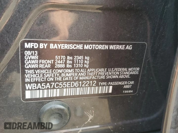 2014 BMW 5 Series 528i xDrive with VIN WBA5A7C55ED612212, listed as a Copart auction lot 60968555 with 196,653 mi miles and Salvage title. Bid and sale history available at DreamBid. Image 12.