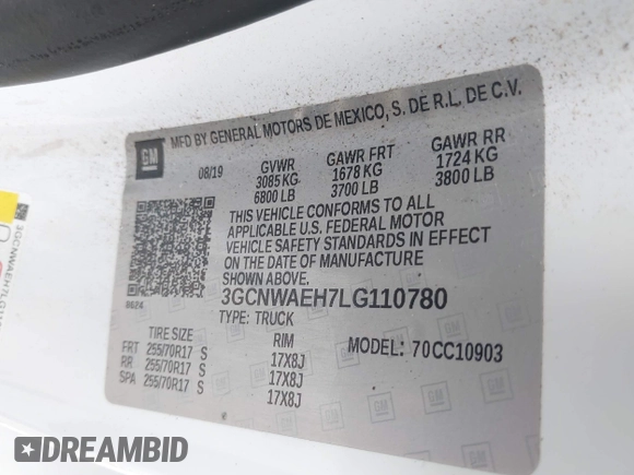 2020 Chevrolet Silverado 1500 Work Truck with VIN 3GCNWAEH7LG110780, listed as a IAAI auction lot 41924627 with 104,653 mi miles. Bid and sale history available at carsss.com. Image 9.