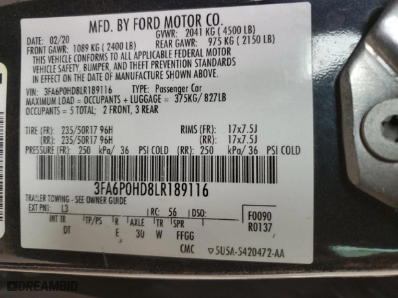 2020 Ford Fusion SE with VIN 3FA6P0HD8LR189116, listed as a Copart auction lot 47639735 with NaN miles and Salvage Title. Bid and sale history available at carsss.com. Image 12.