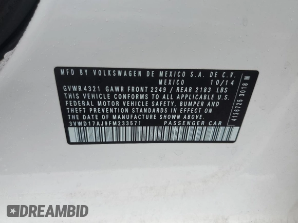 2015 Volkswagen Jetta SE with VIN 3VWD17AJ9FM233571, listed as a Copart auction lot 61436735 with 58,690 mi miles and Salvage title. Bid and sale history available at DreamBid. Image 12.