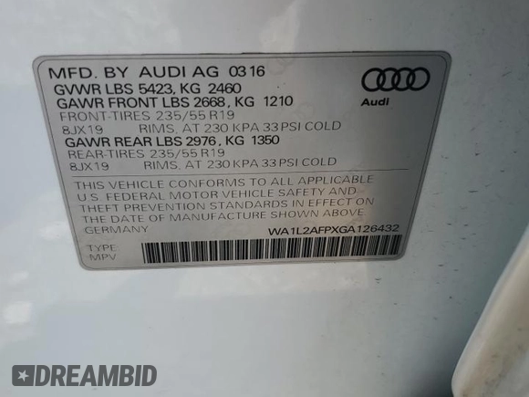 2016 Audi Q5 Premium Plus с VIN WA1L2AFPXGA126432, выставлен на аукционе Copart как лот 61297065 с пробегом 117 565 миль миль и Списание • Salvage title. История ставок и продаж доступна на DreamBid. Изображение 13.