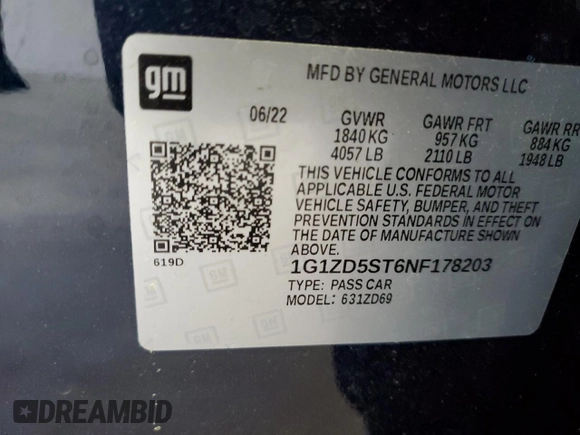 2022 Chevrolet Malibu LT with VIN 1G1ZD5ST6NF178203, listed as a Copart auction lot 52774825 with 32,995 mi miles and Salvage Title. Bid and sale history available at DreamBid. Image 14.