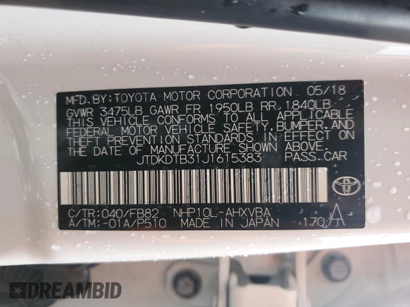 2018 Toyota Prius One with VIN JTDKDTB31J1615383, listed as a Copart auction lot 53670125 with 43,042 mi miles and Clean Title. Bid and sale history available at DreamBid. Image 12.