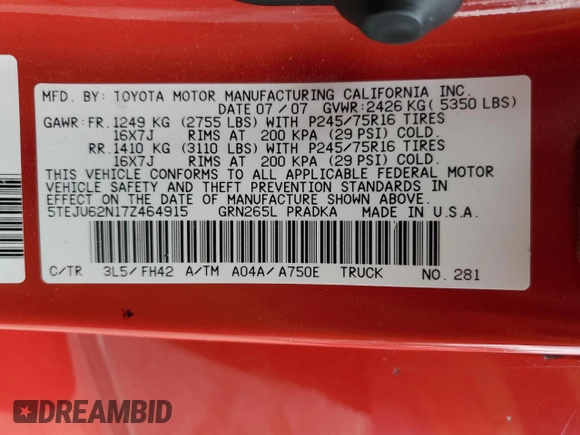 2007 Toyota Tacoma PreRunner with VIN 5TEJU62N17Z464915, listed as a Copart auction lot 53364595 with 302,161 mi miles and Salvage Title. Bid and sale history available at DreamBid. Image 14.