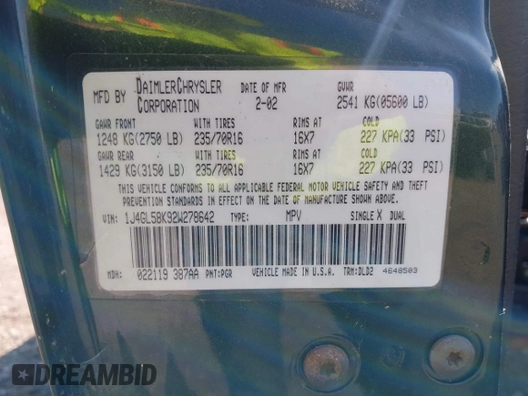2002 Jeep Liberty Limited with VIN 1J4GL58K92W278642, listed as a IAAI auction lot 42629033 with 162,238 mi miles and . Bid and sale history available at DreamBid. Image 9.
