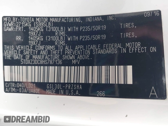2017 Toyota Sienna SE with VIN 5TDXZ3DC8HS787136, listed as a IAAI auction lot 42062413 with 87,386 mi miles and . Bid and sale history available at DreamBid. Image 9.