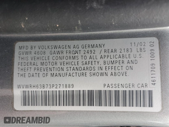 2003 Volkswagen Passat GLX z VIN WVWRH63B73P271889, wystawiony jako Copart lot #57166465 z przebiegiem 56 457 mil mil oraz Szkoda całkowita • Salvage title. Historia ofert i sprzedaży dostępna na DreamBid. Obrazek 13.