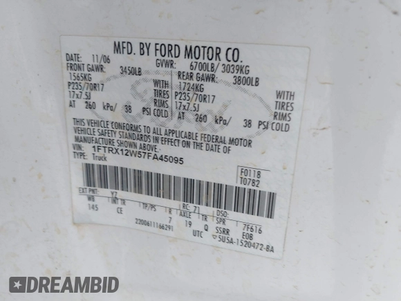 2007 Ford F-150 STX with VIN 1FTRX12W57FA45095, listed as a IAAI auction lot 41880108 with 168,216 mi miles and . Bid and sale history available at DreamBid. Image 9.