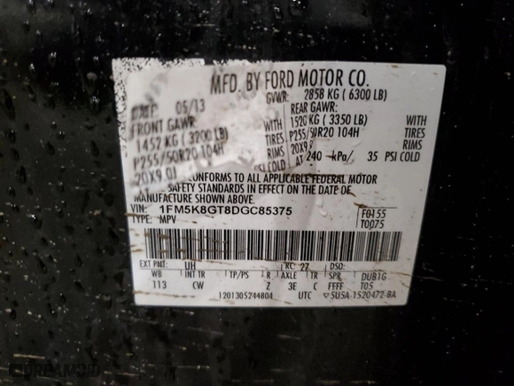 2013 Ford Explorer Sport with VIN 1FM5K8GT8DGC85375, listed as a Copart auction lot 46635765 with 105,128 mi miles and Salvage Title. Bid and sale history available at carsss.com. Image 14.