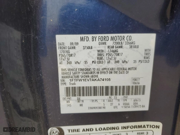 2010 Ford F-150 XL with VIN 1FTFW1EV7AKA74105, listed as a Copart auction lot 50515185 with 0 mi miles and Salvage Title. Bid and sale history available at carsss.com. Image 14.