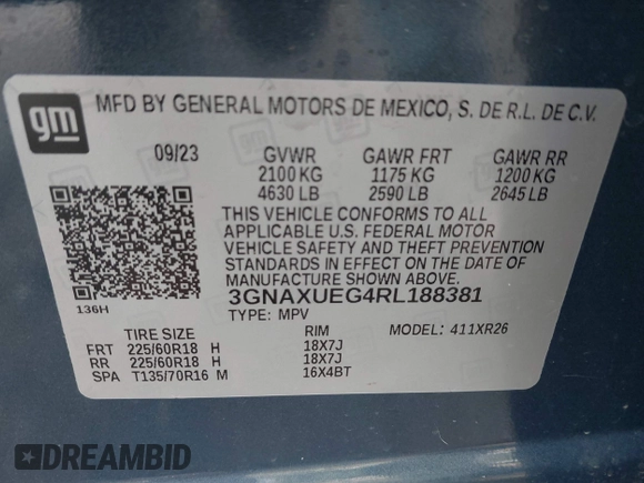 2024 Chevrolet Equinox LT with VIN 3GNAXUEG4RL188381, listed as a IAAI auction lot 41906385 with 11,290 mi miles. Bid and sale history available at carsss.com. Image 9.