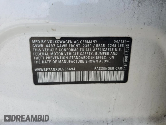 2013 Volkswagen CC Sport with VIN WVWBP7ANXDE565694, listed as a Copart auction lot 77947514 with 180,160 mi miles and Salvage Title. Bid and sale history available at carsss.com. Image 12.