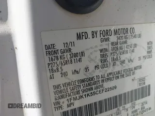 2012 Ford Expedition Max Limited with VIN 1FMJK1K55CEF22509, listed as a IAAI auction lot 42378673 with 260,359 mi miles and . Bid and sale history available at DreamBid. Image 9.