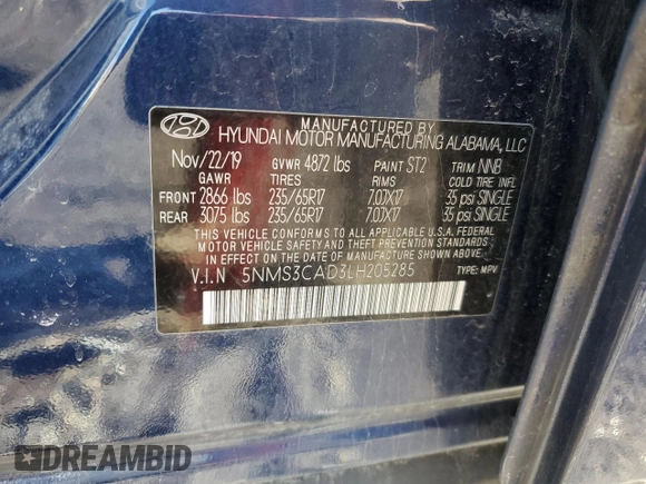2020 Hyundai Santa Fe SEL with VIN 5NMS3CAD3LH205285, listed as a Copart auction lot 49089915 with 58,437 mi miles and Salvage Title. Bid and sale history available at carsss.com. Image 14.