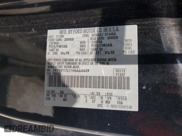 2001 Ford F-150 XL with VIN 1FTRF17L11NA64449, listed as a Copart auction lot 59757325 with Not provided miles and Non repairable. Bid and sale history available at DreamBid. Image 13.