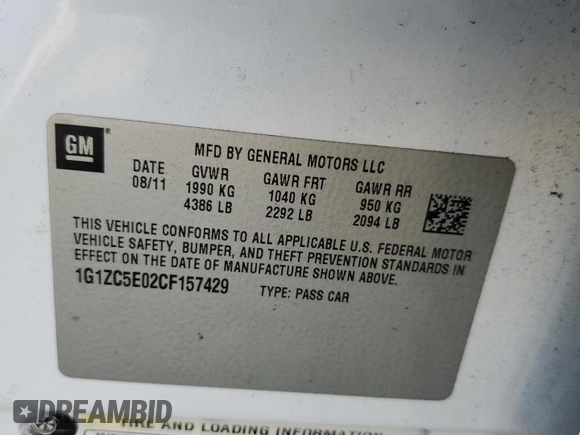 2012 Chevrolet Malibu 1LT with VIN 1G1ZC5E02CF157429, listed as a Copart auction lot 50905115 with 112,159 mi miles and Clean Title. Bid and sale history available at DreamBid. Image 12.