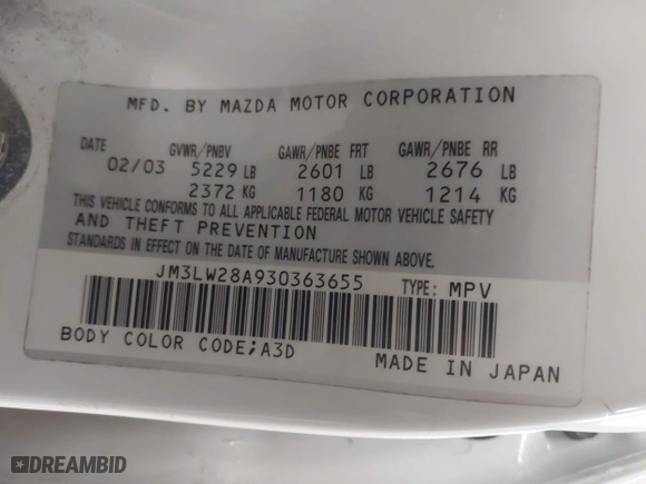 2003 Mazda MPV LX with VIN JM3LW28A930363655, listed as a IAAI auction lot 41668710 with 0 mi miles. Bid and sale history available at carsss.com. Image 9.