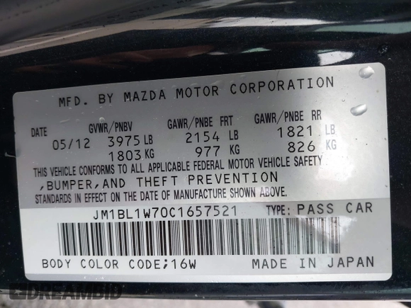 2012 Mazda 3 i Grand Touring with VIN JM1BL1W70C1657521, listed as a IAAI auction lot 41994605 with 165,912 mi miles and . Bid and sale history available at DreamBid. Image 9.