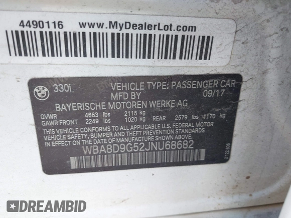 2018 BMW 3 Series 330i xDrive with VIN WBA8D9G52JNU68682, listed as a IAAI auction lot 41421618 with 117,301 mi miles and . Bid and sale history available at DreamBid. Image 9.
