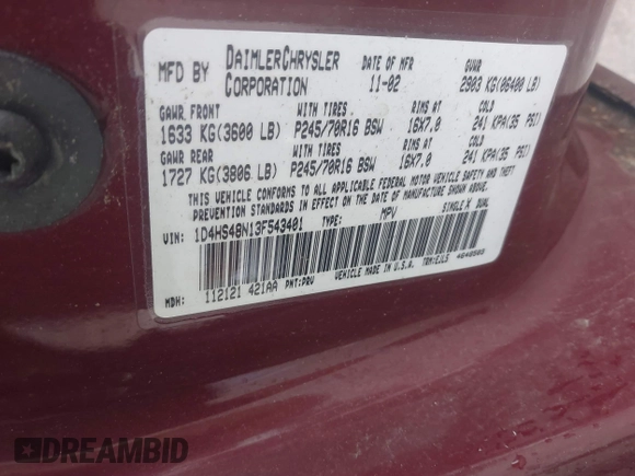2003 Dodge Durango SLT with VIN 1D4HS48N13F543401, listed as a IAAI auction lot 42191488 with 280,092 mi miles and . Bid and sale history available at DreamBid. Image 9.