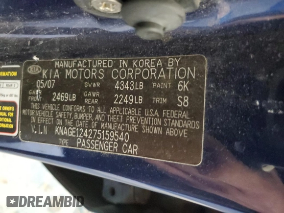 2007 Kia Optima EX with VIN KNAGE124275159540, listed as a Copart auction lot 46324655 with 184,036 mi miles and Salvage Title. Bid and sale history available at carsss.com. Image 12.