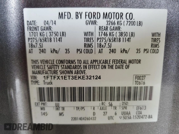 2014 Ford F-150 XL with VIN 1FTFX1ET3EKE32124, listed as a Copart auction lot 63598485 with 143,626 mi miles and Salvage title. Bid and sale history available at DreamBid. Image 13.