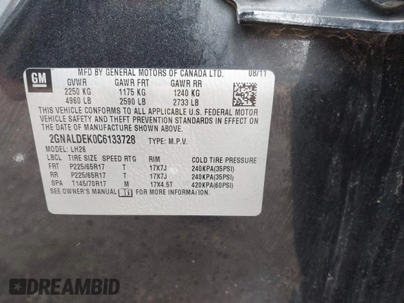 2012 Chevrolet Equinox LT w/1LT with VIN 2GNALDEK0C6133728, listed as a IAAI auction lot 41887328 with 67,556 mi miles. Bid and sale history available at carsss.com. Image 9.