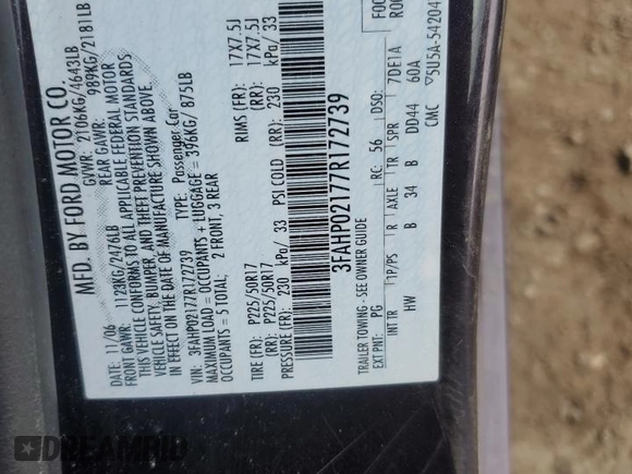 2007 Ford Fusion SEL with VIN 3FAHP02177R172739, listed as a Copart auction lot 47055785 with 139,228 mi miles and Salvage Title. Bid and sale history available at carsss.com. Image 14.