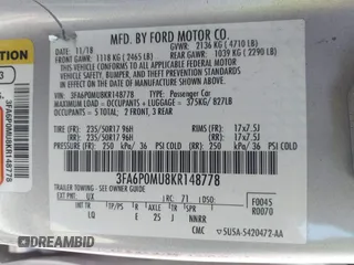 2019 Ford Fusion SEL with VIN 3FA6P0MU8KR148778, listed as a IAAI auction lot 41841745 with 182,074 mi miles and . Bid and sale history available at DreamBid. Image 9.